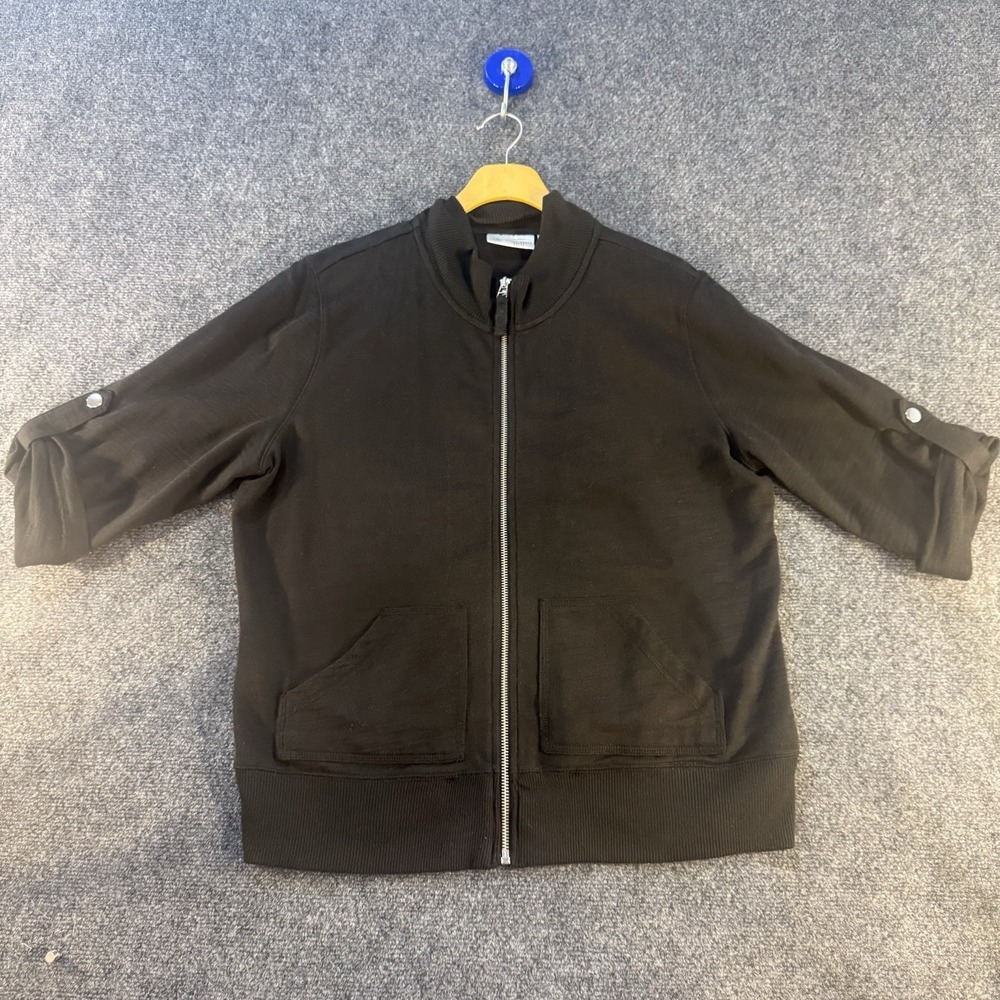 Studio Works Sport Petite Black Zip Up Jacket PL 100% Cotton Roll Tab Sleeves
